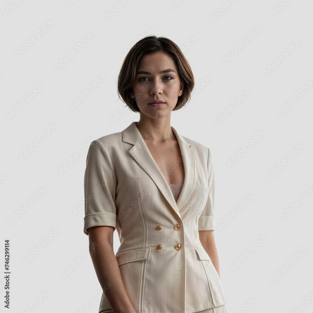 A woman with short brown hair wearing a white suit poses in a white room. A woman with short brown hair wearing a white suit poses in a white room.
