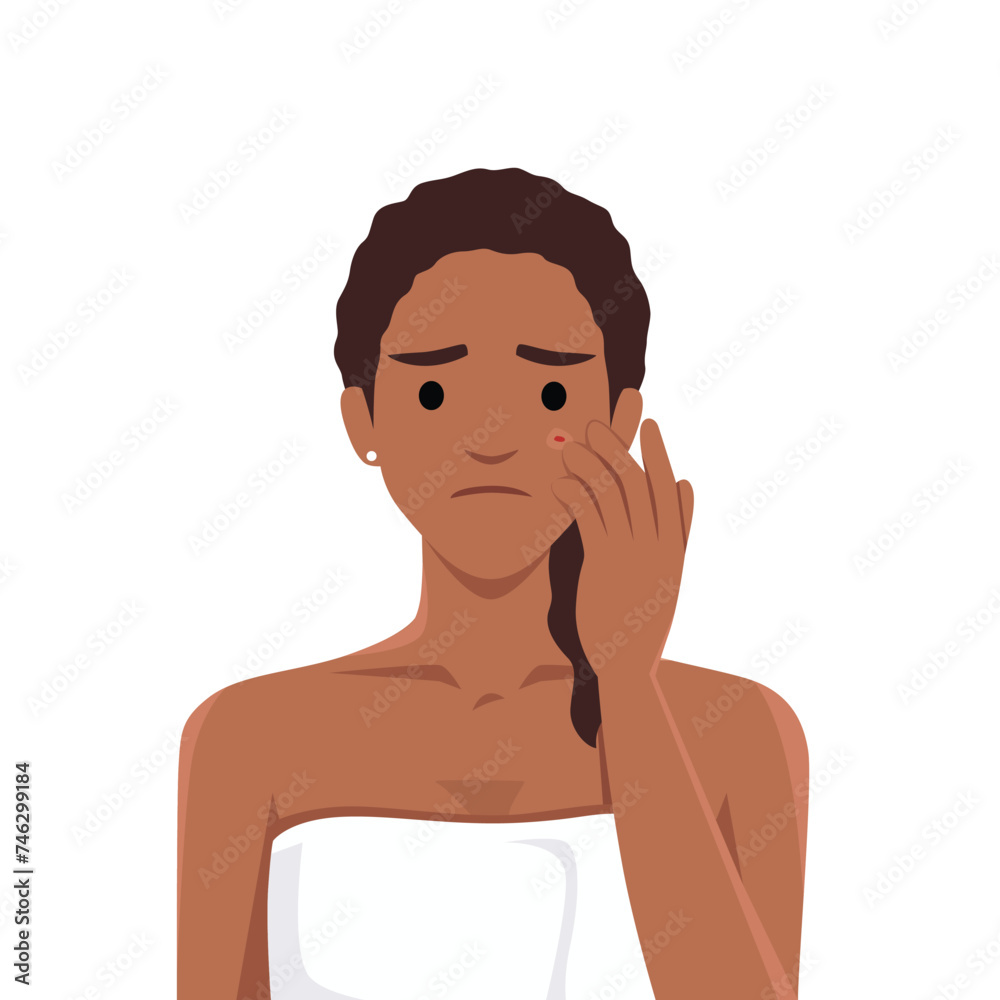 Young sad upset black woman character looking at mirror popping squeezing pimple at home. Flat vector illustration Young sad upset black woman character looking at mirror popping squeezing pimple at home. Flat vector illustration