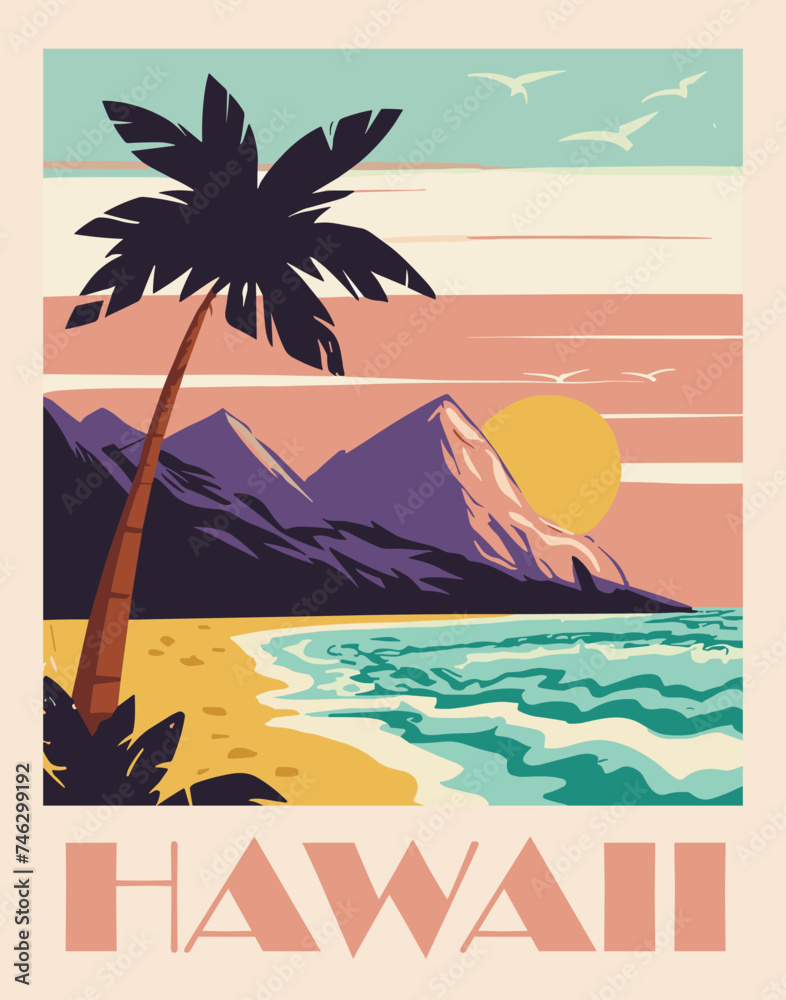 Hawaii Travel Destination Poster in retro style. Seascape vintage colorful print. Exotic summer vacation, tropical holidays concept. Vector art illustration.