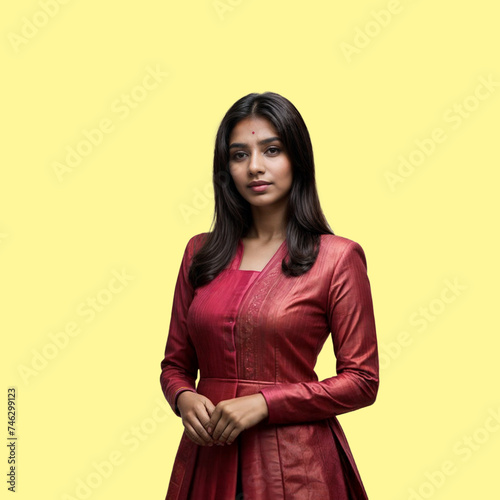 Indian woman with long black hair stands in a red dress against a yellow background.