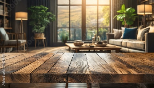 Wood table with blurred modern apartment interior background  Empty wooden tabletop with blurred living room background  wood  wooden residential  Ai Generate 