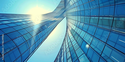 blue glass windows in an office building with blue sky and sun in the background, 