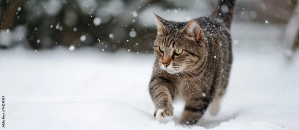 Majestic cat exploring tranquil snow-covered forest landscape during winter season Majestic cat exploring tranquil snow-covered forest landscape during winter season