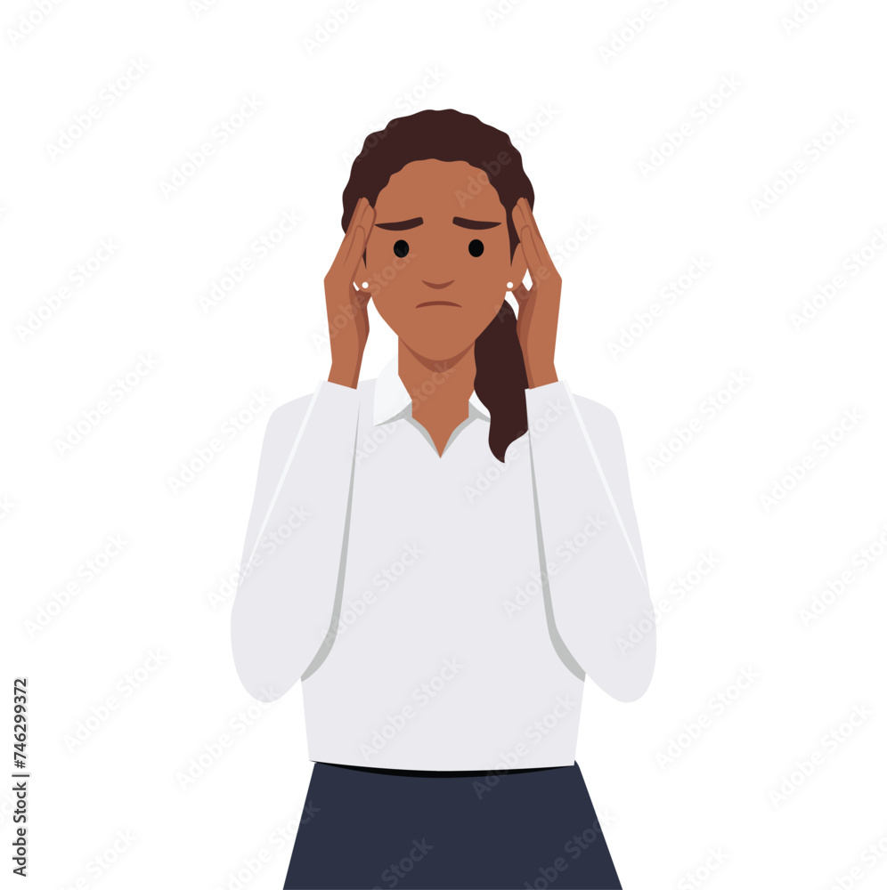 Stressed black desperate frustrated young woman or girl covering head with hands. Negative emotions headache or migraine and bad news illustration. Stressed black desperate frustrated young woman or girl covering head with hands. Negative emotions headache or migraine and bad news illustration.