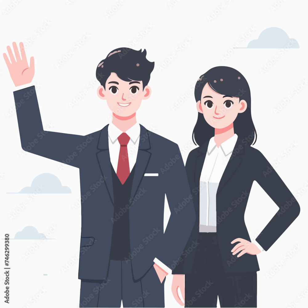 Flat design illustration of a matching business couple wearing suit and waving hand Flat design illustration of a matching business couple wearing suit and waving hand