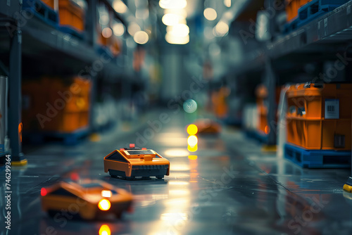 Title: Autonomous Robots Navigating the Futuristic Warehouse Aisles at Dusk
