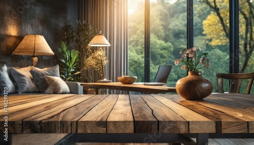 Wood table with blurred modern apartment interior background, Empty wooden tabletop with blurred living room background, wood, wooden,residential, Ai Generate 