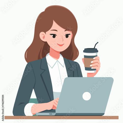 Flat design illustration of a business woman working with a laptop while drinking a cup of coffee