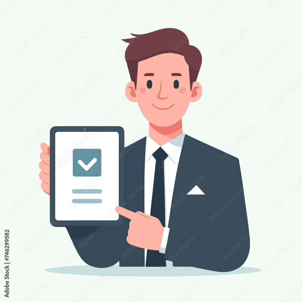 Flat design illustration of checklist and mark up document. Man carrying approved document, pointing with finger Flat design illustration of checklist and mark up document. Man carrying approved document, pointing with finger