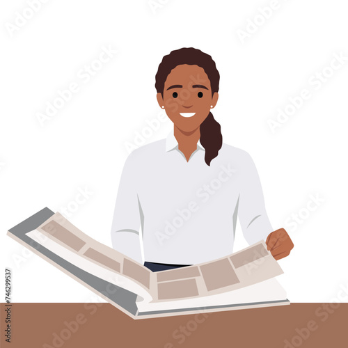Young black woman flips through family photo album, remembering student years or fun trips with friends. Flat vector illustration photo