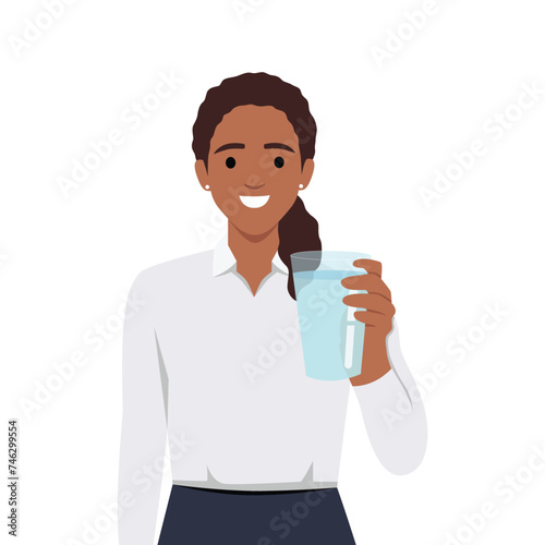 A black woman holds a glass of water in his hand. The concept of water balance and health