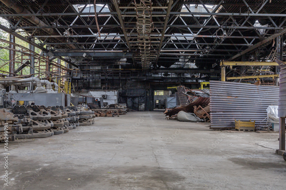 Destroyed and abandoned metallurgical plant during war in Ukraine.