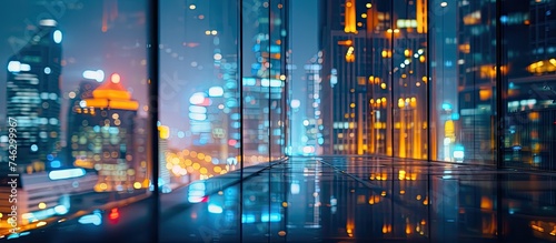 A view of a city at night seen through a window. The city is illuminated by various lights, with skyscrapers, streets, and vehicles visible. The night sky is dark, contrasting with the bright city © 2rogan