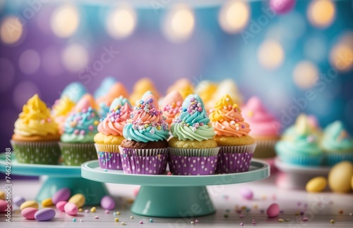 Assorted easter cupcakes with colorful frosting and sprinkles