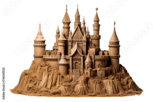 Sand Castle. A sand castle stands prominently showcasing intricate details and sturdy construction. The castle appears well built. On PNG Transparent Clear Background.