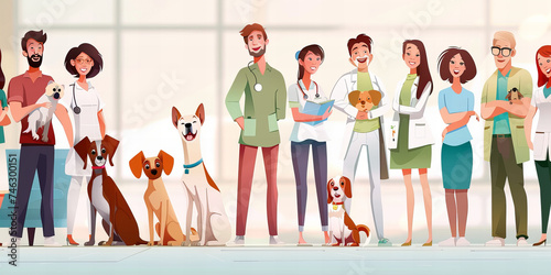 Title: Cheerful Team of Veterinarians and Pets Standing Together with Smiles