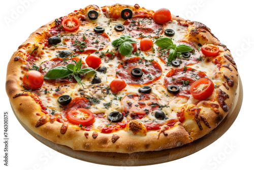 Delicious Pizza With Tomatoes, Olives, and Basil. A freshly baked pizza topped with vibrant red tomatoes, savory olives, and fragrant basil leaves. On PNG Transparent Clear Background.
