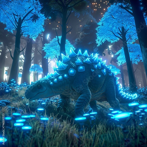 Ankylosaurus inside a VR game surrounded by glowing blue tech trees and digital wildlife