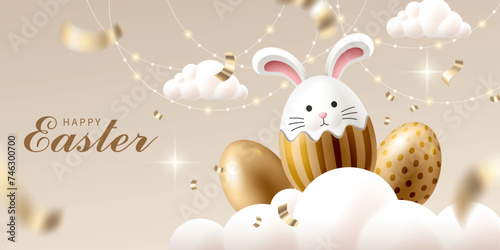 Easter banner with Easter eggs and balloons on beige background.