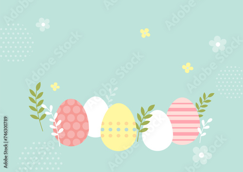 Easter eggs with branch decorations on a turquoise background. Easter holiday illustration.