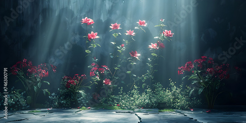  Closeup horizontal of evening summer flowers in dark field Magical fantasy event backdrop, enchanted forest, mythical creatures, and whimsical elements, great for fantasy-themed content    photo