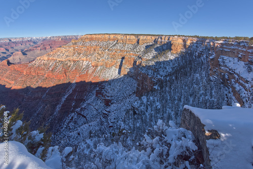 Snowy cliffs of Pipe Creek Canyon at Grand Canyon Arizona