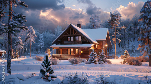 A cozy wooden cabin cottage chalet house.