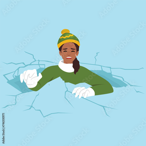 Drowning black woman is trying to get out of hole in which fell while walking on frozen lake. Flat vector illustration