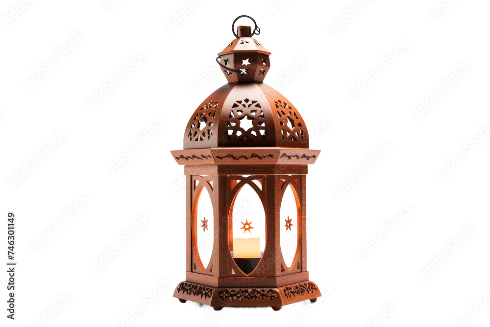 Wooden Lantern Illuminated by Candlelight. A wooden lantern is lit from within by a glowing candle, casting a warm, flickering light. On PNG Transparent Clear Background.