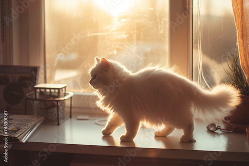 Little cat walking by the window in sunlight, Generative Ai photo