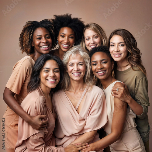Portrait of diverse group of beautiful women in studio, themes of female empowerment and
