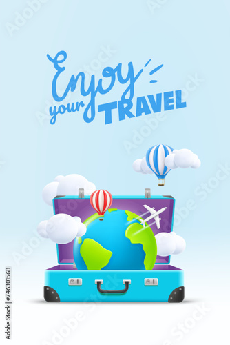 Blue suitcase with the Earth. World travel concept with calligraphic inscription. 3d vector illustration
