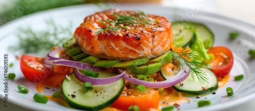A white plate is presented with a generous piece of salmon on top, surrounded by a colorful assortment of fresh vegetables. The salmon looks perfectly cooked, flaky, and accompanied by a vibrant mix
