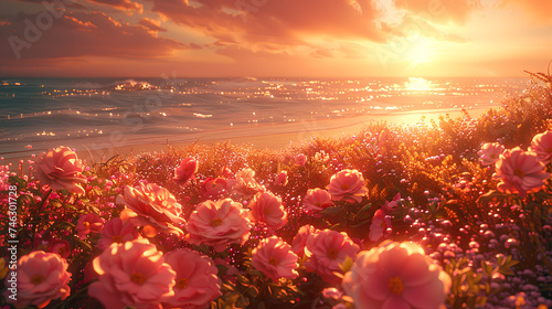 beautiful sand beach and flowers close up. Beautiful beach views