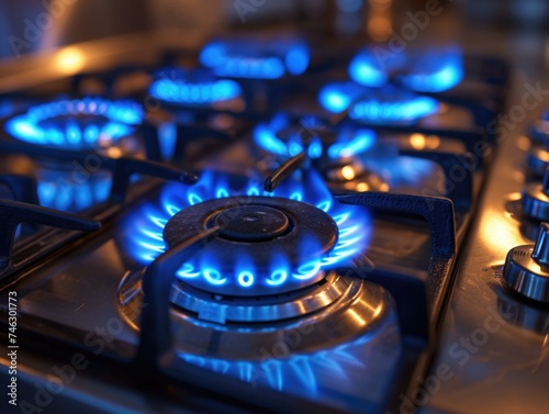 A gas stove with blue flames. Generative AI.
