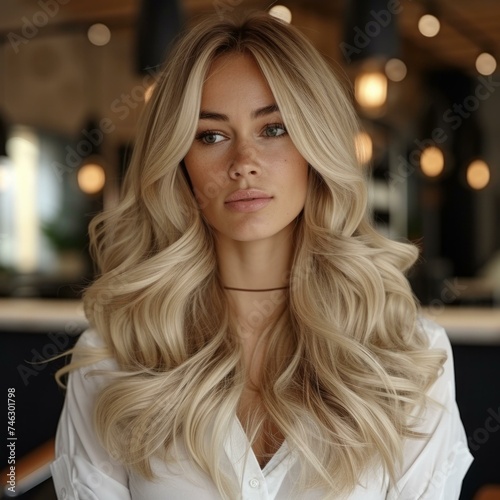 A woman with long blonde wavy hair in a salon. Generative AI.