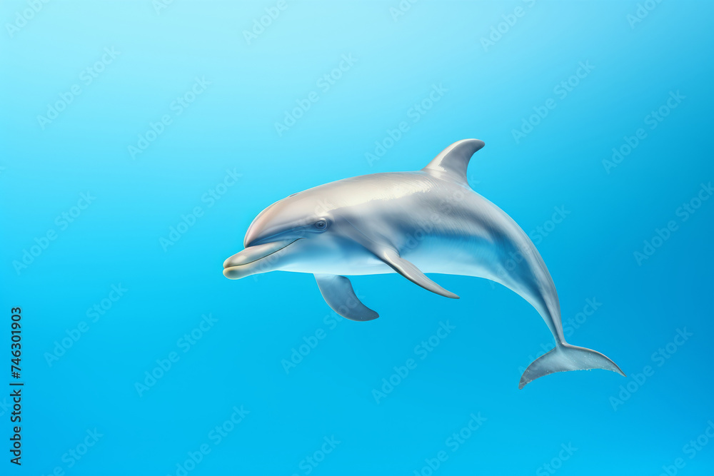 Dolphins swimming, a dolphin jumping in the air.