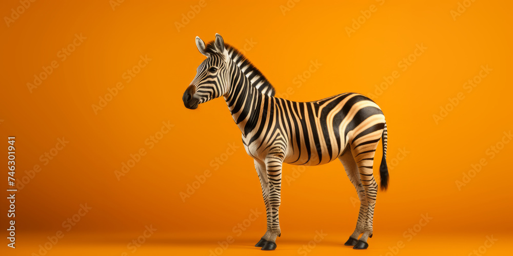 Fototapeta premium A zebra standing in front of an orange background.