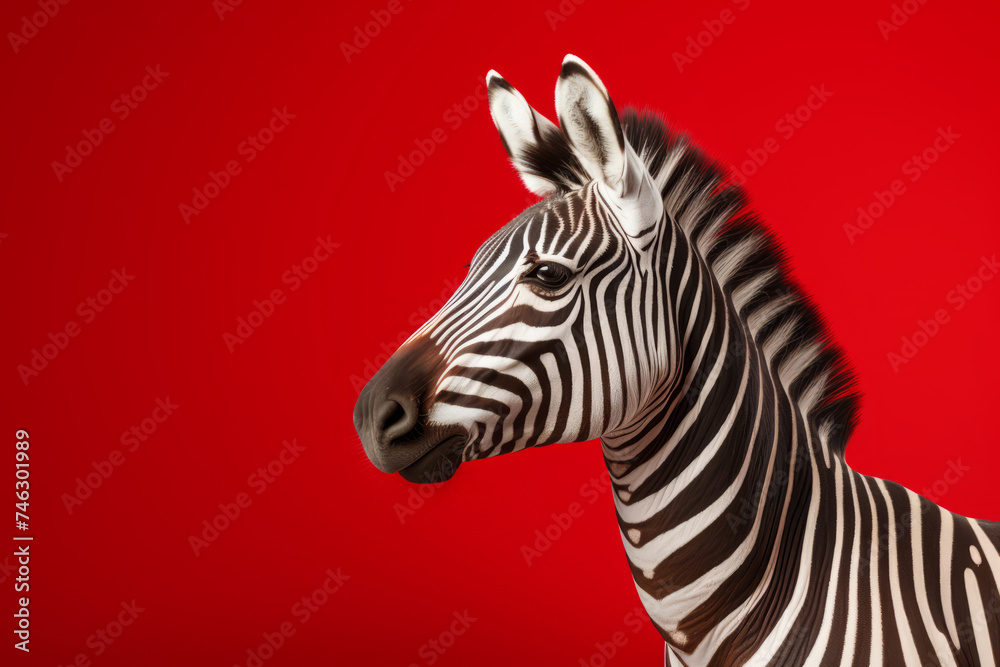 A zebra with stripes on a red background. A zebra with stripes on a red background.