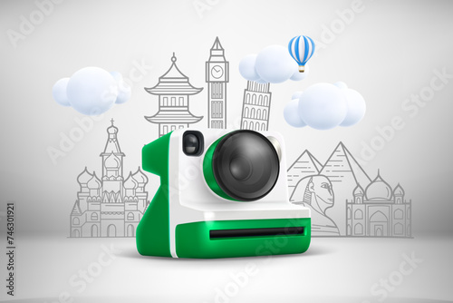 World travel vector concept with famous monuments and instant camera. 3d vector 
