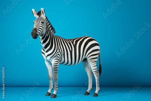 A zebra with stripes standing in front of a blue background.