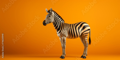 A zebra standing in front of an orange background.