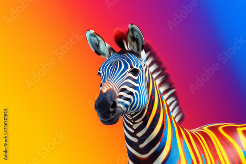 A colorful zebra standing in front of a colorful background.