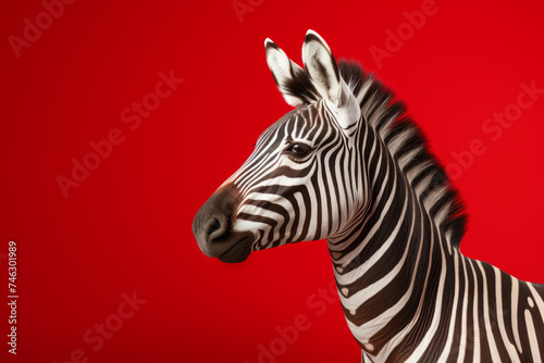 A zebra with stripes on a red background.