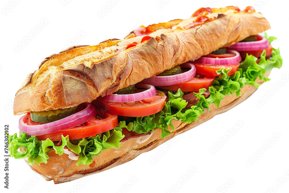 Fresh Sub Sandwich With Lettuce, Tomato, and Onion. A sub sandwich with a generous amount of freshly sliced lettuce, ripe tomato slices, and crisp onion rings. On PNG Transparent Clear Background. Fresh Sub Sandwich With Lettuce, Tomato, and Onion. A sub sandwich with a generous amount of freshly sliced lettuce, ripe tomato slices, and crisp onion rings. On PNG Transparent Clear Background.