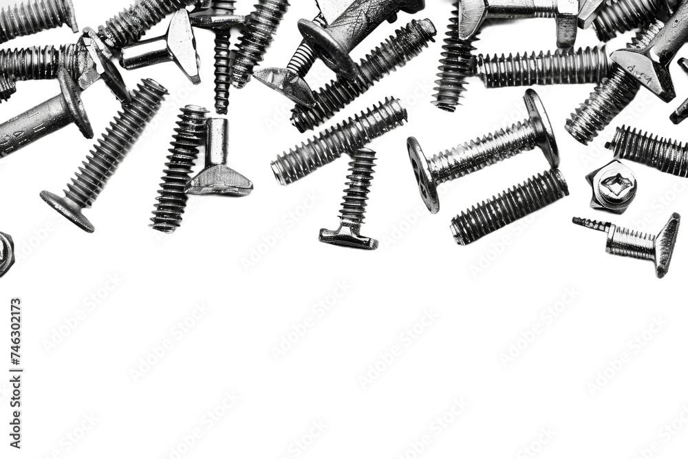 Assorted Screws and Nuts. A collection of various screws and nuts is scattered on a clean white surface. The metal hardware items are in different sizes and shapes On PNG Transparent Clear Background. Assorted Screws and Nuts. A collection of various screws and nuts is scattered on a clean white surface. The metal hardware items are in different sizes and shapes On PNG Transparent Clear Background.