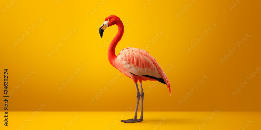 Fototapeta premium A flamingo standing in front of a yellow background.