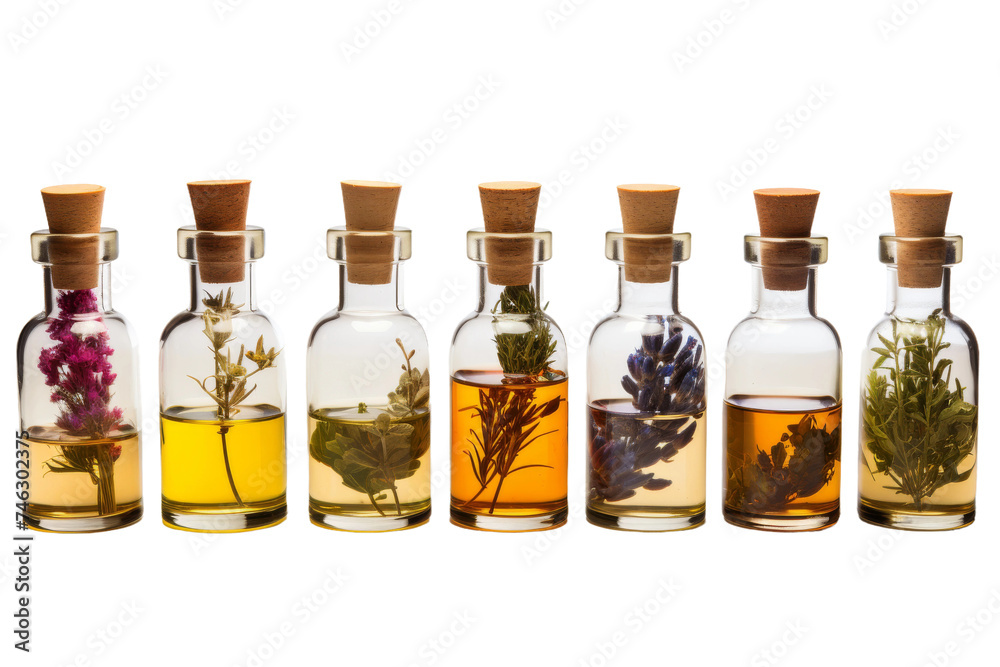 A row of glass bottles, each filled with a unique type of fresh flower. The bottles are arranged neatly on a wooden shelf. On PNG Transparent Clear Background.