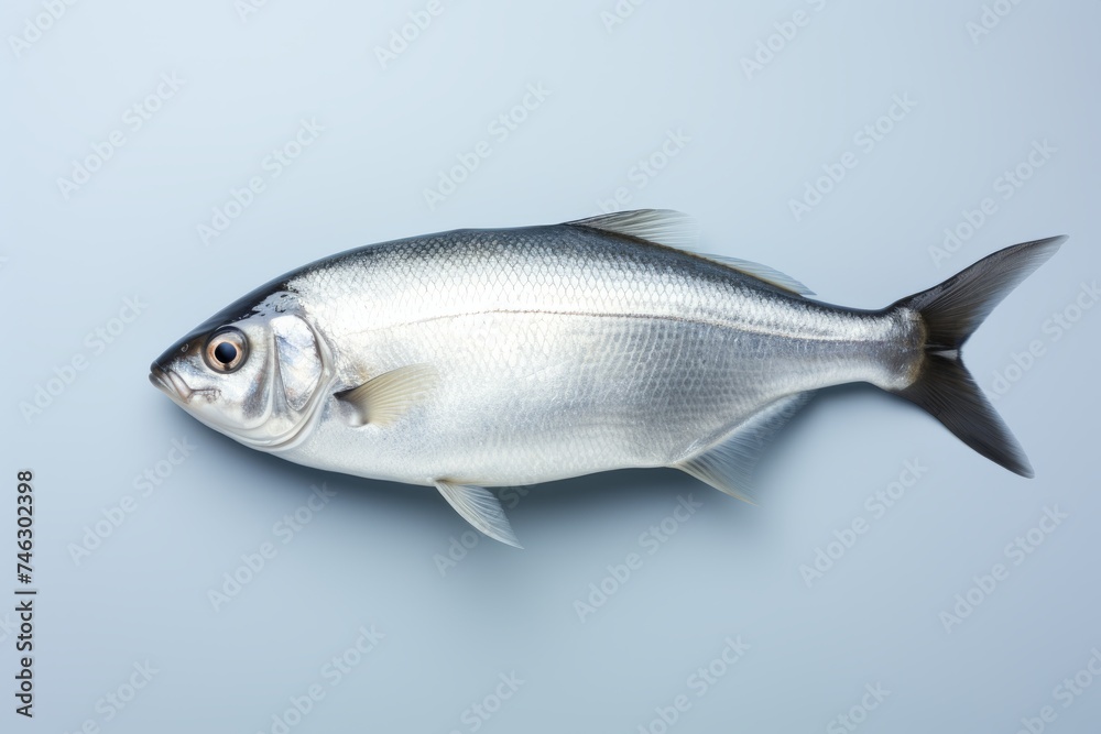 An arctic fish, a half fish on a grey background on a blue surface. An arctic fish, a half fish on a grey background on a blue surface.