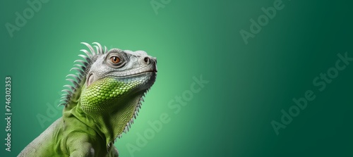A closeup portrait shot of a reptile face  a lizard with green skin and scales on a green background.